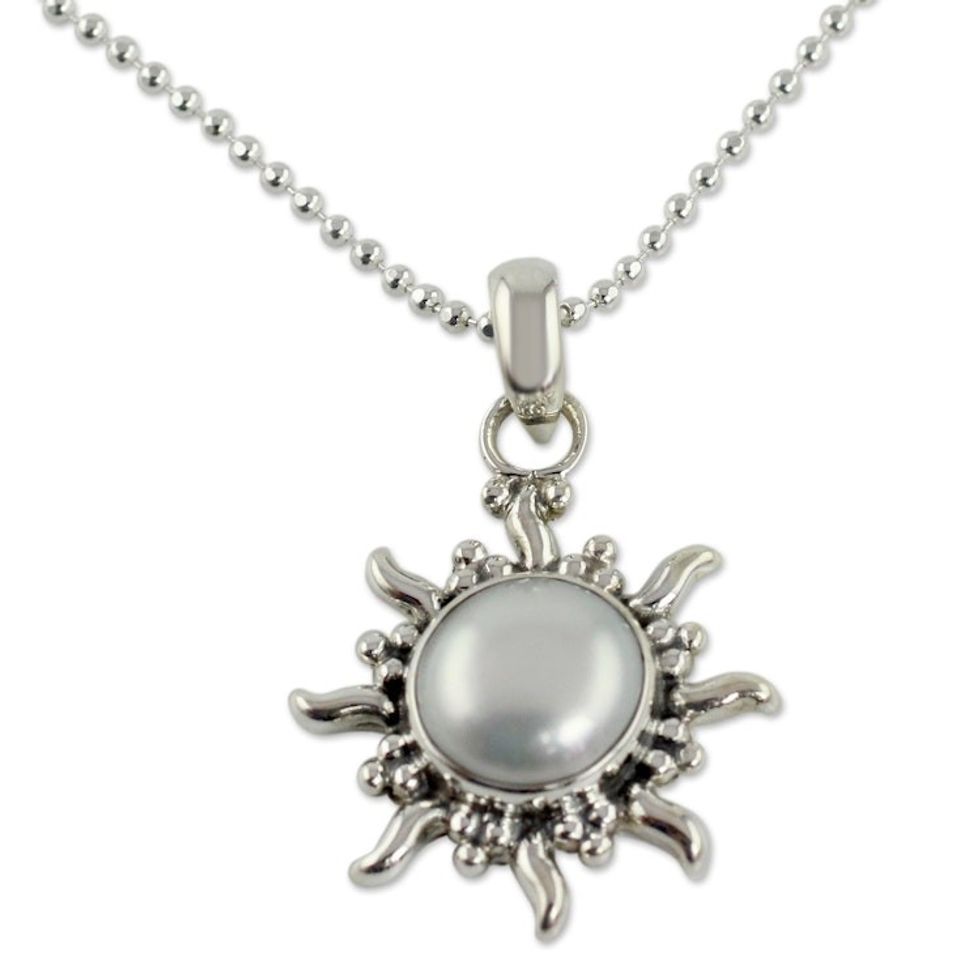 Pearl Necklace Sun and Moon Sterling Silver Pendant 'Quiet Sun'