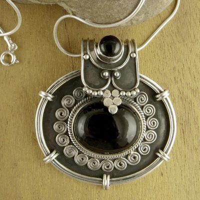 Alternate image for Onyx Pendant Necklace in Oxidized Sterling Silver from India Traditional Chic