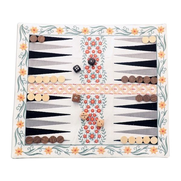 Alternate image for Floral Embroidered Travelers Backgammon Game Ganga Garden in Yellow