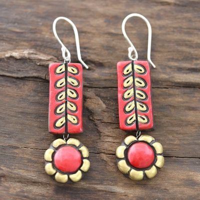 Alternate image for Red and Golden Floral Ceramic Dangle Earrings from India Creative Flowers
