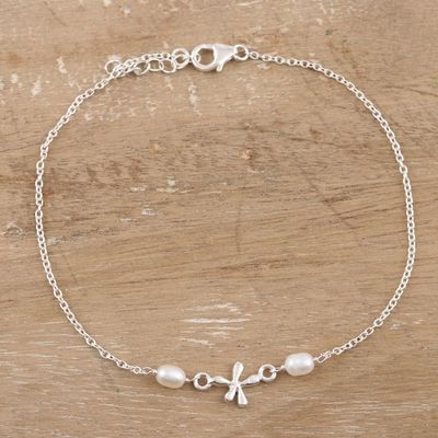 Alternate image for Cultured Pearl and Sterling Silver Anklet Dragonfly Over Water
