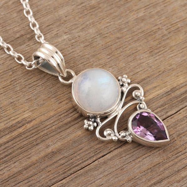 Alternate image for Amethyst and Rainbow Moonstone Pendant Necklace Mystic Tide