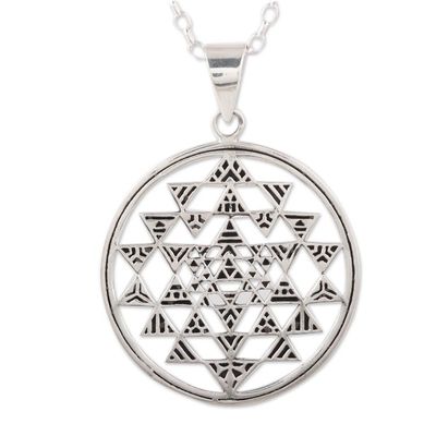 Alternate image for Sterling Silver Geometric Pendant Necklace from India Sri Yantra