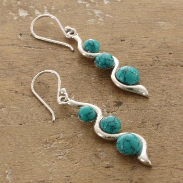 Alternate image for Modern 925 Silver Reconstituted Turquoise Dangle Earrings Swirling Orbs