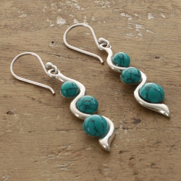 Alternate image for Modern 925 Silver Reconstituted Turquoise Dangle Earrings Swirling Orbs