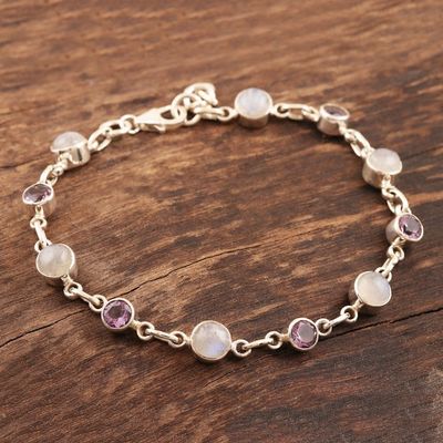 Alternate image for Handmade Rainbow Moonstone and Amethyst Link Bracelet Ravishing Beauty in Purple