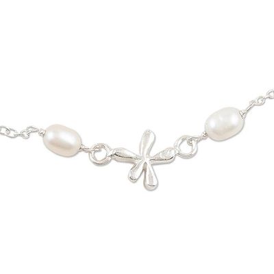 Alternate image for Cultured Pearl and Sterling Silver Anklet Dragonfly Over Water