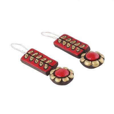 Alternate image for Red and Golden Floral Ceramic Dangle Earrings from India Creative Flowers