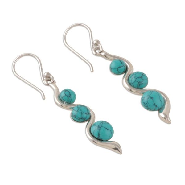 Alternate image for Modern 925 Silver Reconstituted Turquoise Dangle Earrings Swirling Orbs