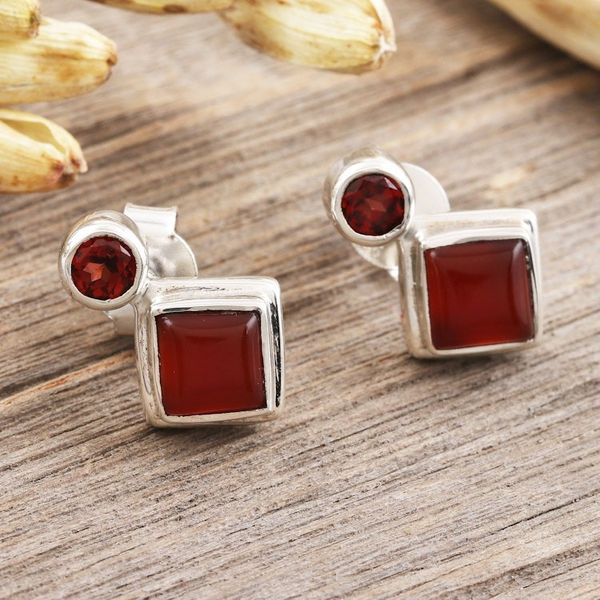 Alternate image for Carnelian and Garnet Sterling Silver Drop Earrings Harmony in Red