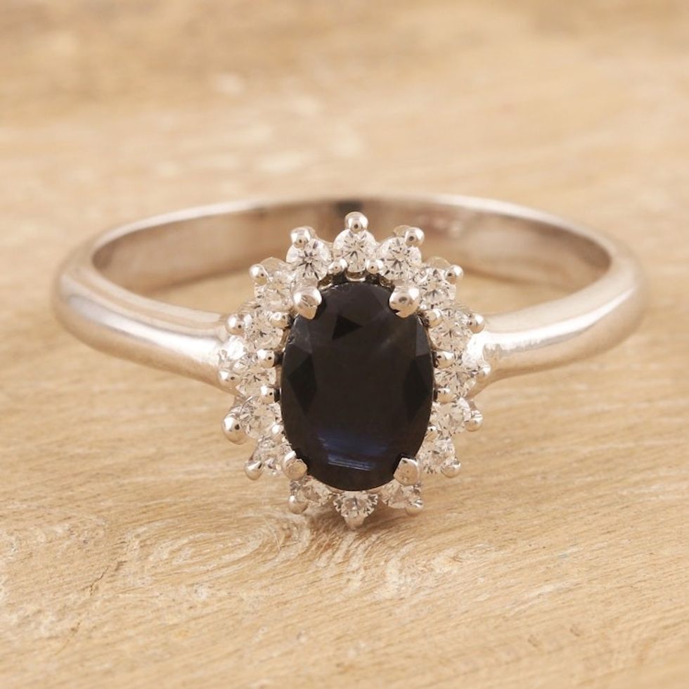 Hand Crafted Rhodium-Plated Blue Sapphire Cocktail Ring 'Crown of Destiny'