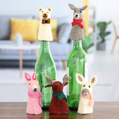 Alternate image for 5 Wool Felt Farm Animal Bottle Toppers Handmade in India Barnyard Holiday