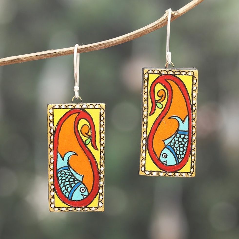 Painted Paisley Ceramic Dangle Earrings with Fish Motifs 'Paisley Fish'