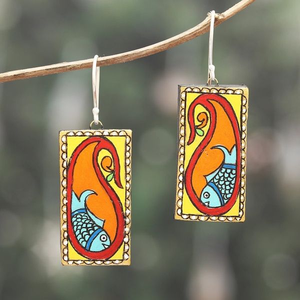 Alternate image for Painted Paisley Ceramic Dangle Earrings with Fish Motifs Paisley Fish