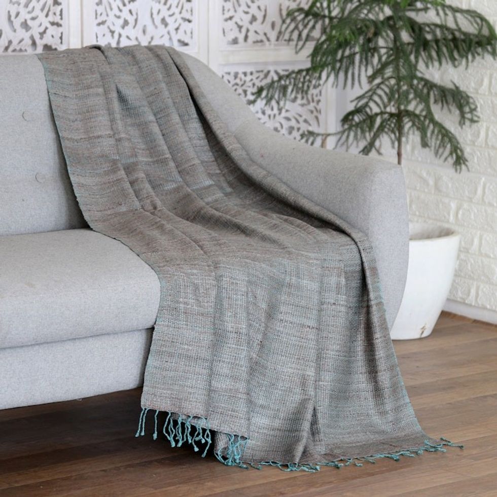 Taupe Turquoise 100 Silk Throw Blanket Hand-Woven in India 'Turquoise Fantasy'