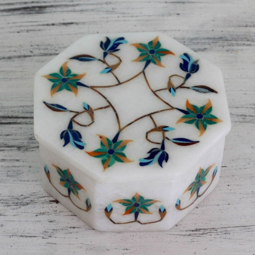 Fair Trade Marble Inlay Jewelry Box 'Green Lily Garland'