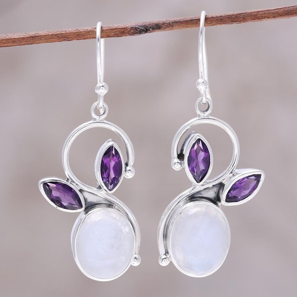 Rainbow Moonstone Amethyst Sterling Silver Dangle Earrings 'Moonglow Bloom'