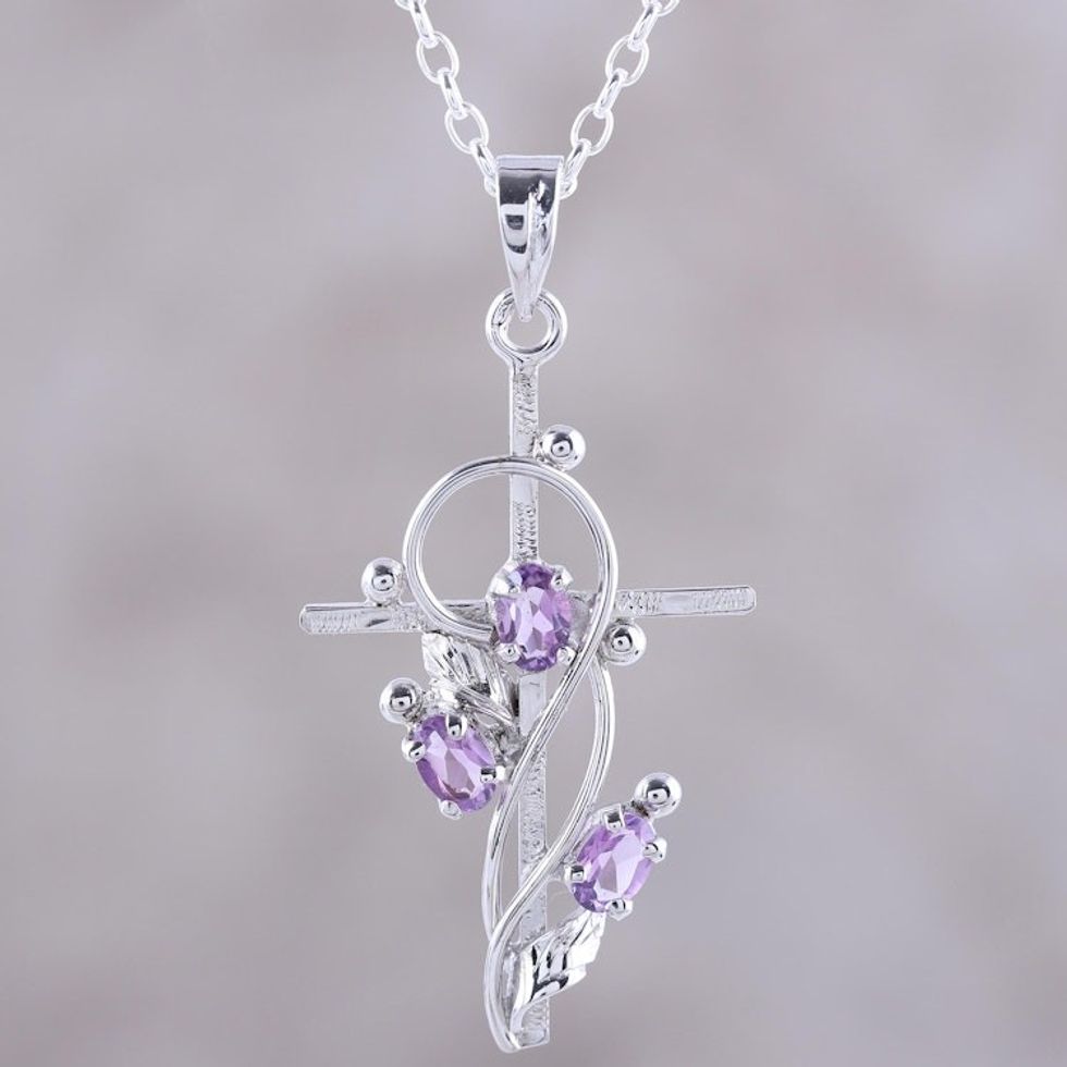 Rhodium Plated Amethyst Cross Pendant Necklace 'Sacred Trinity'