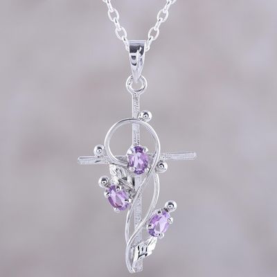 Alternate image for Rhodium Plated Amethyst Cross Pendant Necklace Sacred Trinity