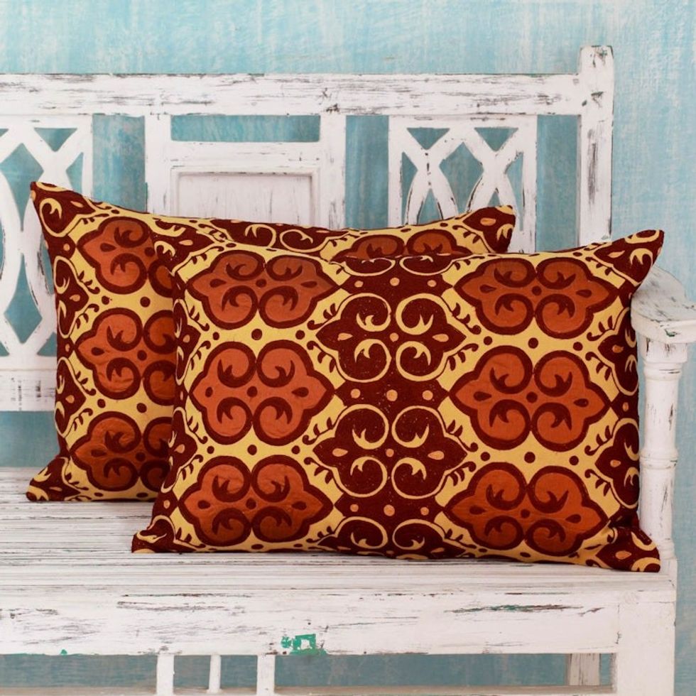 Embroidered Yellow, Orange and Red Cushion Covers pair 'Mustard Field'