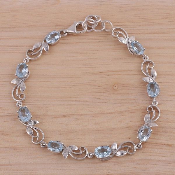 Alternate image for Blue Topaz Rhodium Plated Sterling Silver Link Bracelet Blue Shimmer