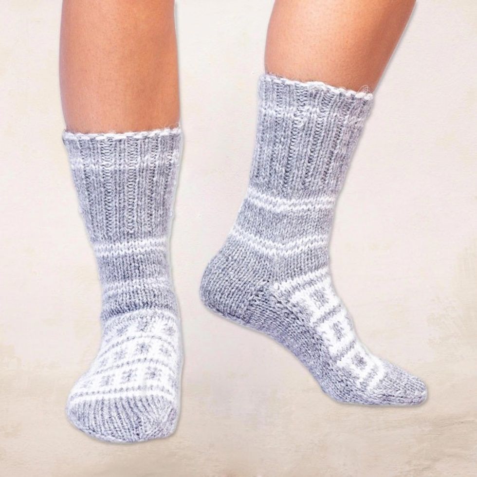 Fair Trade Hand-Knit Thick Slipper Style Grey  White Socks 'Himalayan Stars'