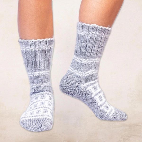 Alternate image for Fair Trade Hand-Knit Thick Slipper Style Grey  White Socks Himalayan Stars