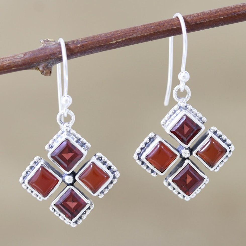 Dangle Earrings with Garnet and Carnelian 'Quadrangle'