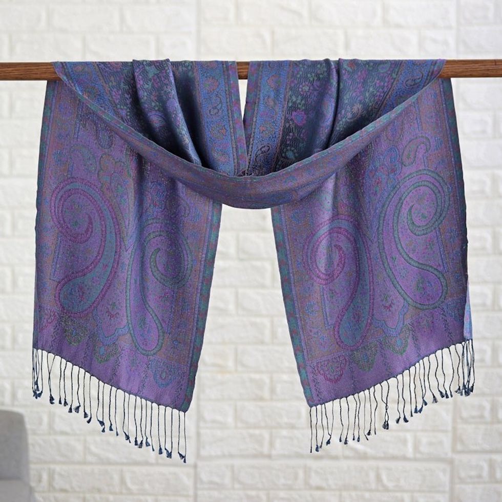 Traditional Paisley Silk Scarf in Blue and Purple Hues 'Azure Eden'