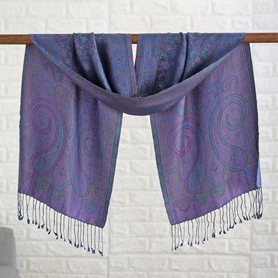 Alternate image for Traditional Paisley Silk Scarf in Blue and Purple Hues Azure Eden