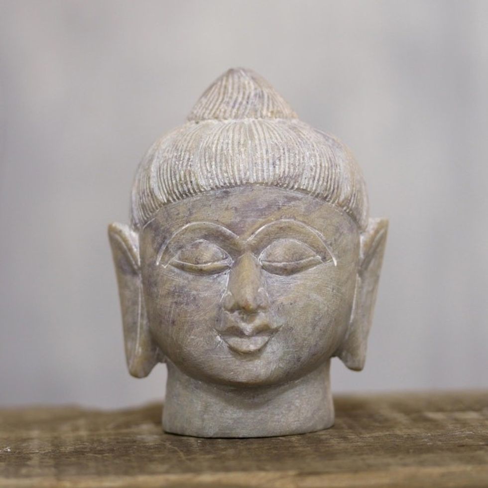 Natural Soapstone Buddha Head Sculpture from India 'Calming Buddha'