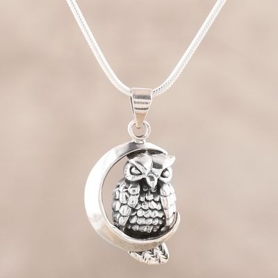 Alternate image for Sterling Silver Crescent Owl Pendant Necklace Crescent Moon Owl