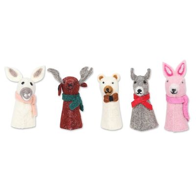 Alternate image for 5 Wool Felt Farm Animal Bottle Toppers Handmade in India Barnyard Holiday