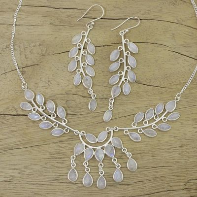 Primary image for Rainbow Moonstone and Sterling Silver Jewelry Set Falling Leaves
