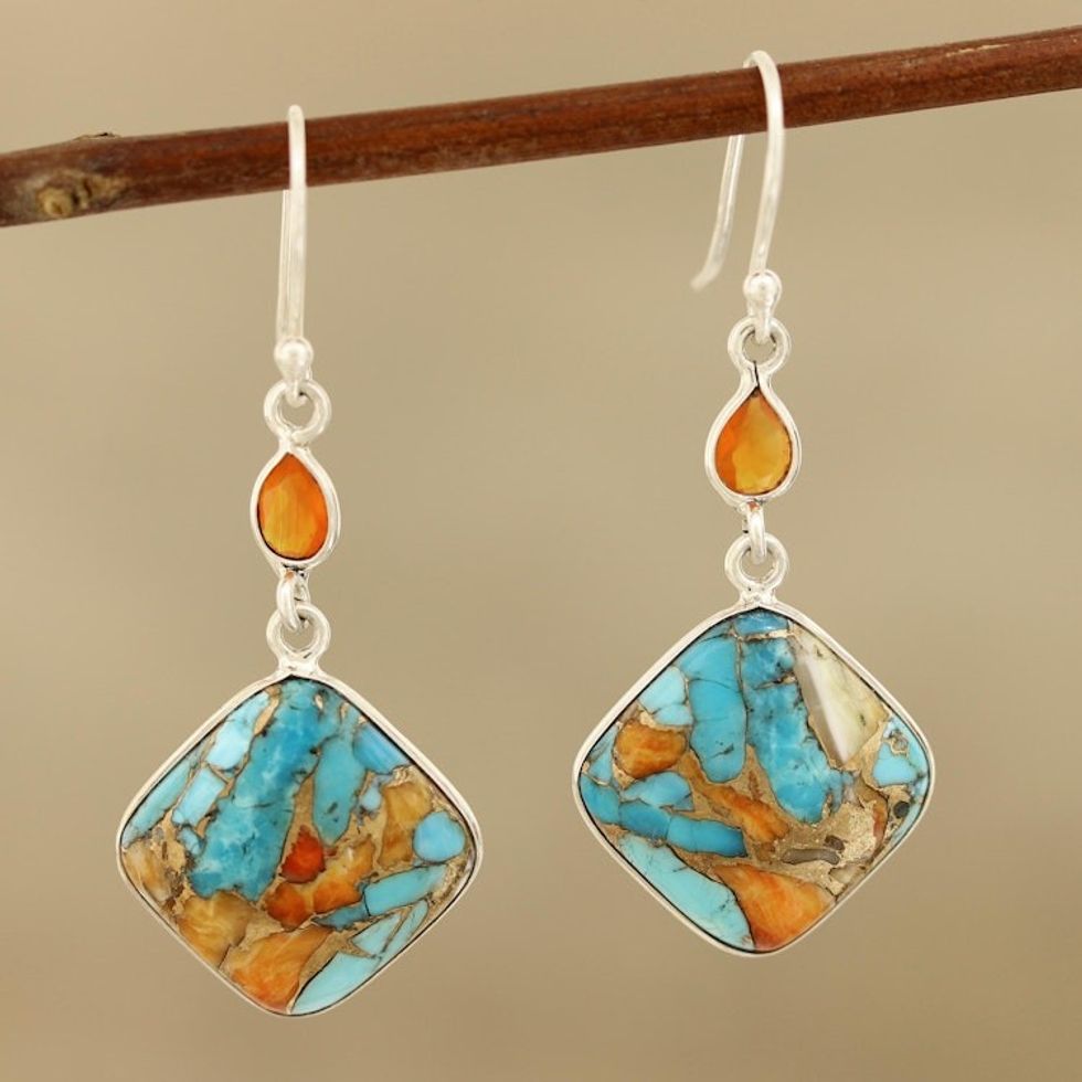 Carnelian and Composite Turquoise Sterling Silver Earrings 'Colorful Kites'