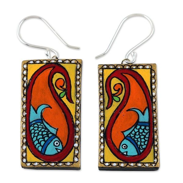 Alternate image for Painted Paisley Ceramic Dangle Earrings with Fish Motifs Paisley Fish
