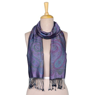 Alternate image for Traditional Paisley Silk Scarf in Blue and Purple Hues Azure Eden