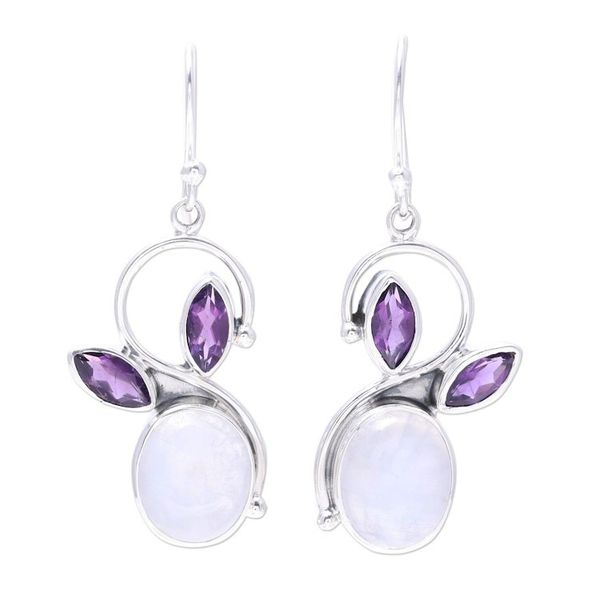 Alternate image for Rainbow Moonstone Amethyst Sterling Silver Dangle Earrings Moonglow Bloom