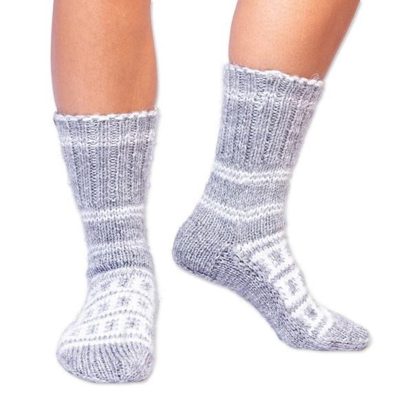 Alternate image for Fair Trade Hand-Knit Thick Slipper Style Grey  White Socks Himalayan Stars
