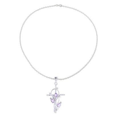 Alternate image for Rhodium Plated Amethyst Cross Pendant Necklace Sacred Trinity