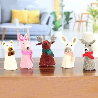 Alternate image for 5 Wool Felt Farm Animal Bottle Toppers Handmade in India Barnyard Holiday