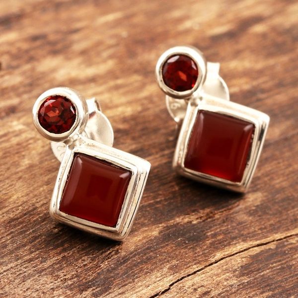 Alternate image for Carnelian and Garnet Sterling Silver Drop Earrings Harmony in Red