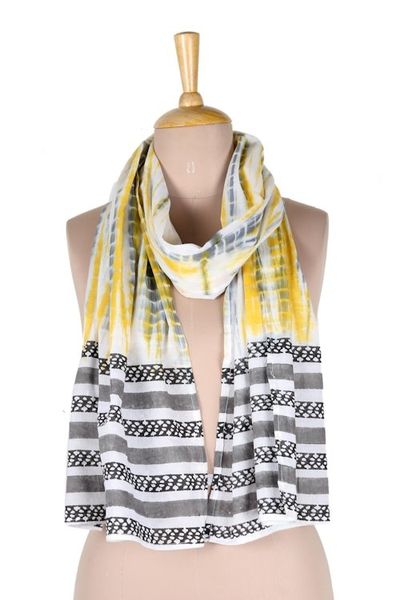 Alternate image for Yellow and Black Batik-Dyed Cotton Scarf from India Busy Bumblebees