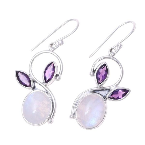 Alternate image for Rainbow Moonstone Amethyst Sterling Silver Dangle Earrings Moonglow Bloom