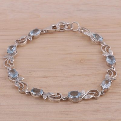 Alternate image for Blue Topaz Rhodium Plated Sterling Silver Link Bracelet Blue Shimmer