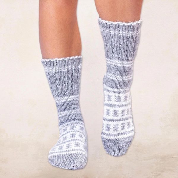Alternate image for Fair Trade Hand-Knit Thick Slipper Style Grey  White Socks Himalayan Stars
