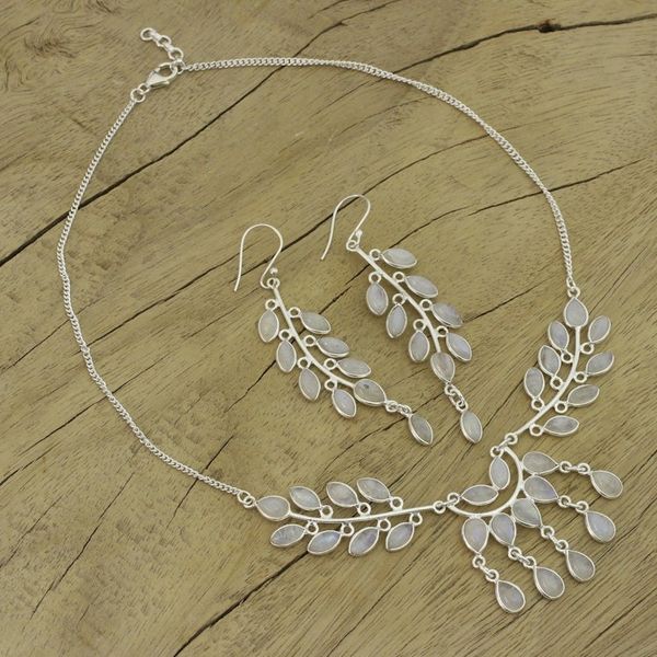 Alternate image for Rainbow Moonstone and Sterling Silver Jewelry Set Falling Leaves