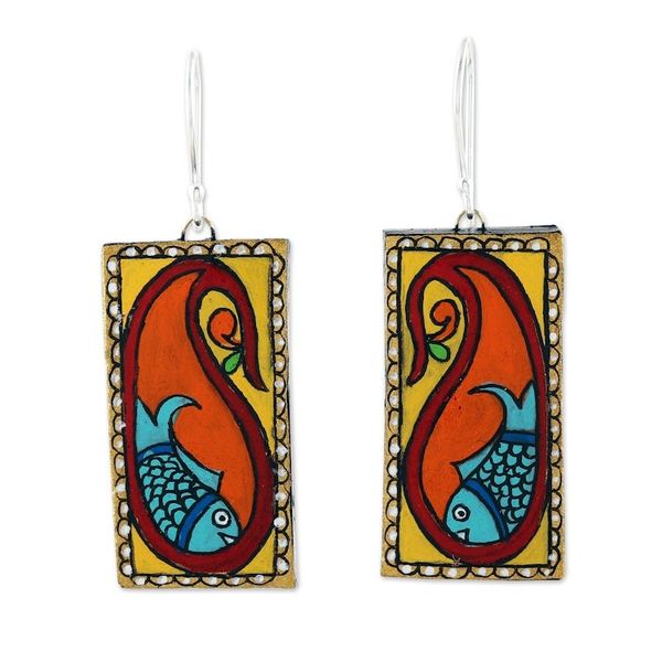 Alternate image for Painted Paisley Ceramic Dangle Earrings with Fish Motifs Paisley Fish