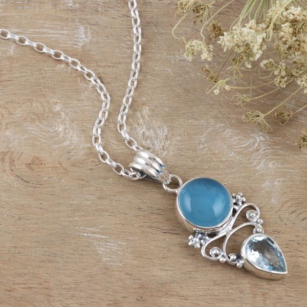 Alternate image for Indian Chalcedony and Blue Topaz Pendant Necklace Glacial