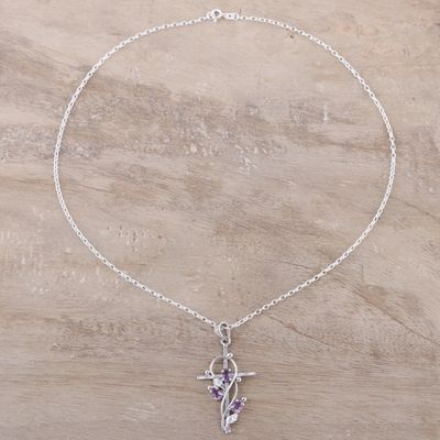 Alternate image for Rhodium Plated Amethyst Cross Pendant Necklace Sacred Trinity